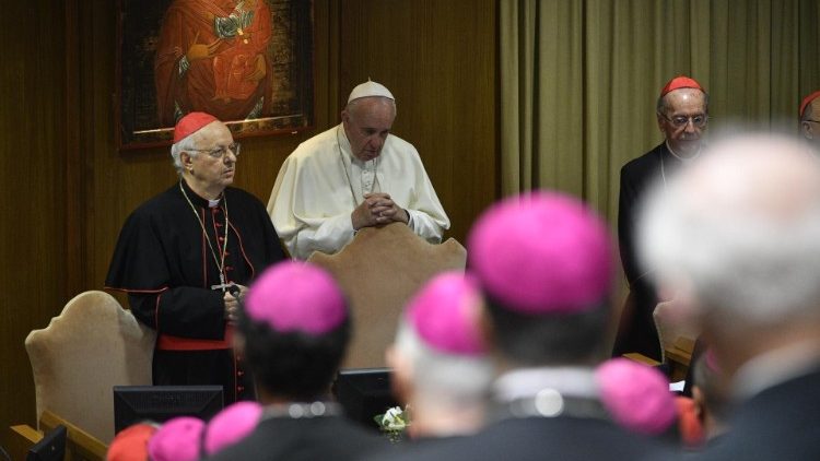 Pope Francis at a Synod of Bishops. 