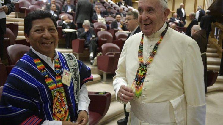 Synod hall - A Columbian indigenous  lay leader greeted Pope Francis