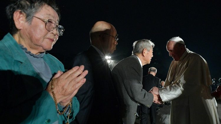 Pope Francis greets survivors at the Hiroshima Peace Memorial in 2019