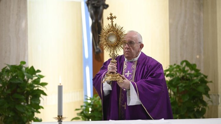 Pope Francis giving Benediction at the end of Mass at Casa Santa Marta