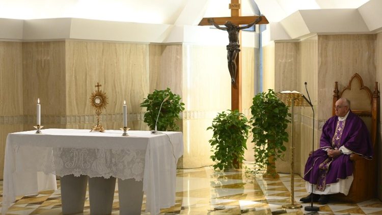 Pope Francis during adoration of the Blessed Sacrament, Casa Santa Marta chapel, 26 March 2020