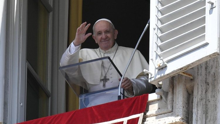 Pope greeting people in St. Peter's Square at the Angelus prayer on the feast of the Assumption, August 15, 2020. 