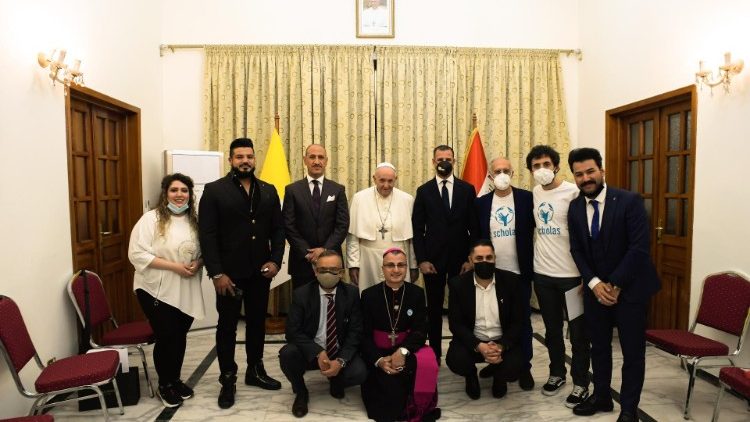 Pope Francis meets with young people from the Scholas Occurrentes programs in Baghdad.