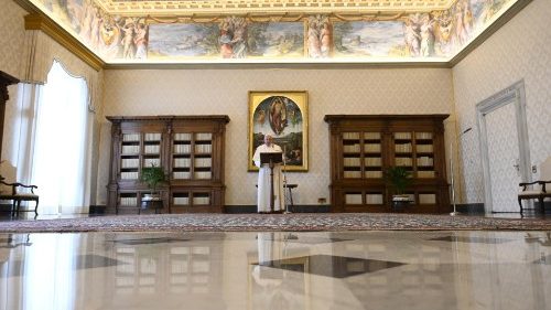 Pope Francis in the Apostolic LIbrary, from where he recited the Regina Coeli