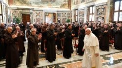 Pope Francis meeting members of the Discalced Carmelite General Chapter on Sept. 11, 2021.