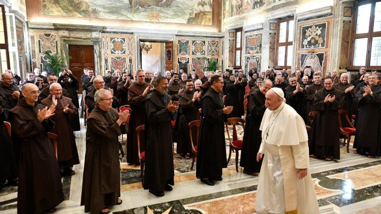 Pope Francis meeting members of the Discalced Carmelite General Chapter on Sept. 11, 2021.