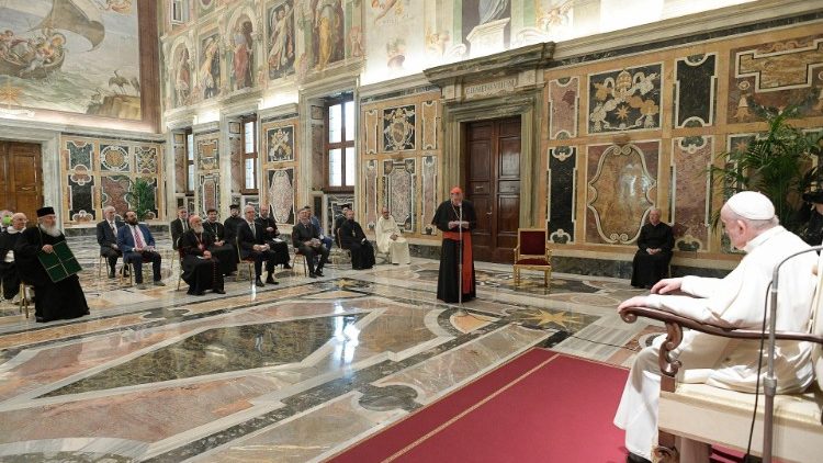 Pope Francis meets with members of the St. Iranaeus Joint Orthodox-Catholic Working Group.