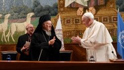 Pope Francis and Patriarch Bartholomew attend a ceremony in Rome on 7 October 2021