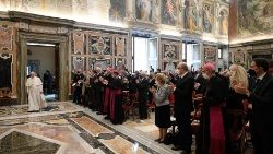 Members of the Centesimus Annus Foundation greet Pope Francis