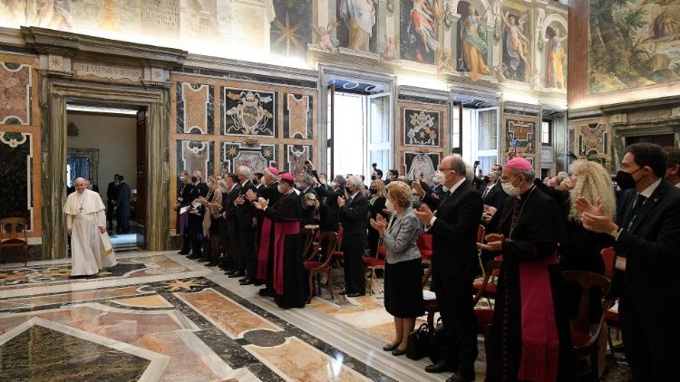 Members of the Centesimus Annus Foundation greet Pope Francis