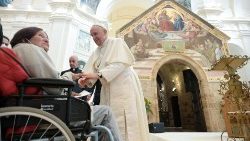 Pope Francis meeting poor people in the Basilica of Basilica of Holy Mary of the Angels in Assisi, Italy.