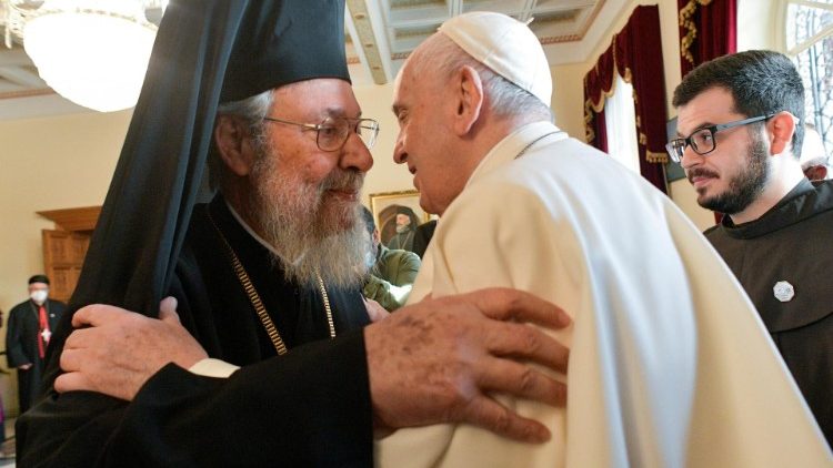His Beatitude Chrysostomos II and Pope Francis at the  Orthodox Archbishopric, Nicosia, Cyprus