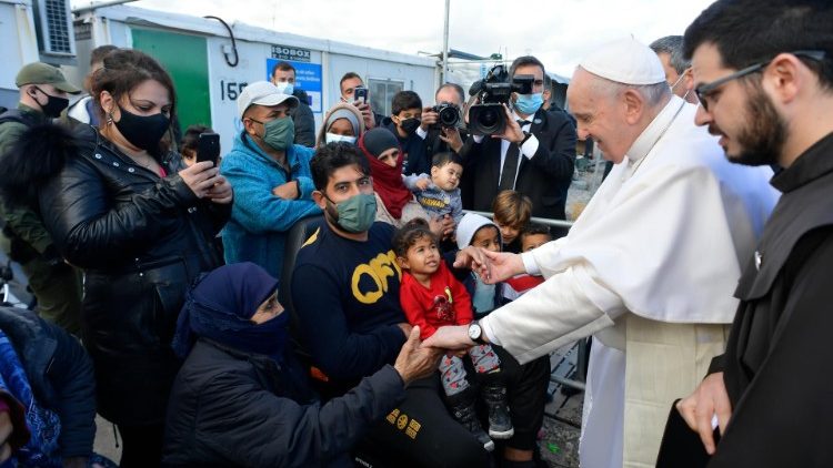Pope Francis meets with refugees on the Greek island of Lesbos on 5 December 2021