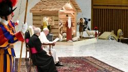 Pope Francis at the General Audience, with the Nativity Scene in the background