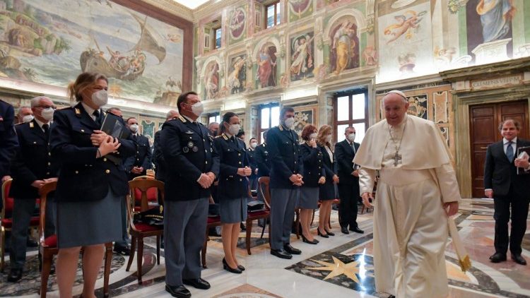 Pope Francis meets with Italian police who oversee security near the Vatican