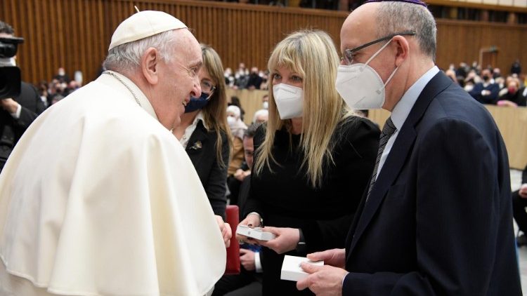 Pope Francis greets Marie van der Zyl and Michael Weiger