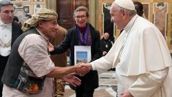 Pope Francis greets a member of the Diakonia of Beauty association