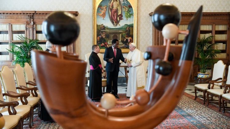 Sculpture, in wood and copper, representing musical instruments typical of Zambia (gift to Pope Francis)
