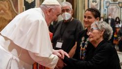 Pope Francis receives a delegation of Canada's indegenous peoples in the Vatican on April 1, 2022