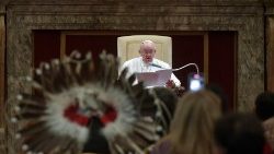 Pope Francis speaking at his meeting with delegations of indigenous peoples of Canada