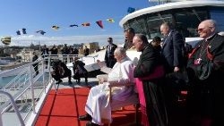 Pope Francis travels by boat from Malta to the nearby island Port of Gozo