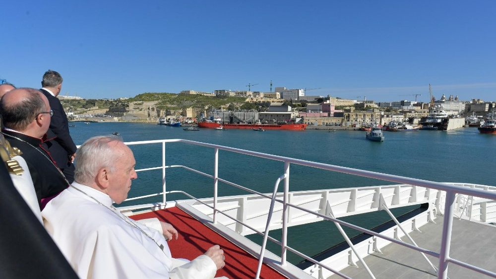 Pope Francis travels by boat from Malta to the nearby island Port of Gozo