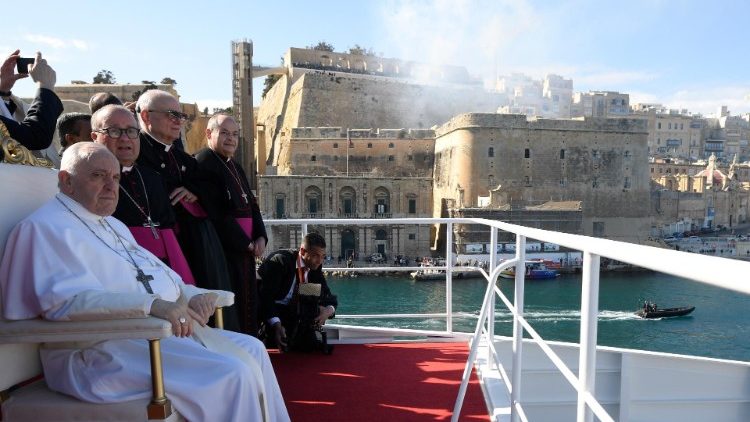 Pope Francis aboard the catamaran taking him to Gozo