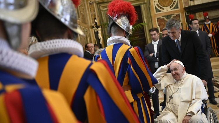 Pope Francis greets new recruits of the Swiss Guard