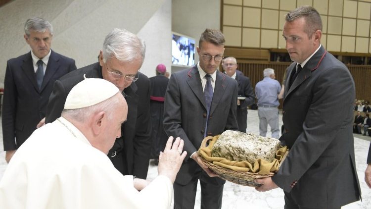 Pope Francis blessing the stone of the ancient Abbey of St. Eutizio