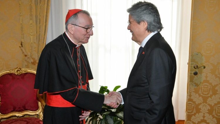 Cardinal Secretary of State Pietro Parolin greets the President of Ecuador, Guillermo Lasso Mendoza