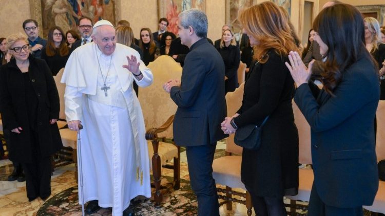 Pope Francis greets staff members of the TV programme "A Sua Immagine"