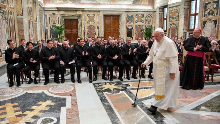 Pope Francis welcoming a group from Saint Mary's Seminary in the Diocese of Cleveland, Ohio in the United States