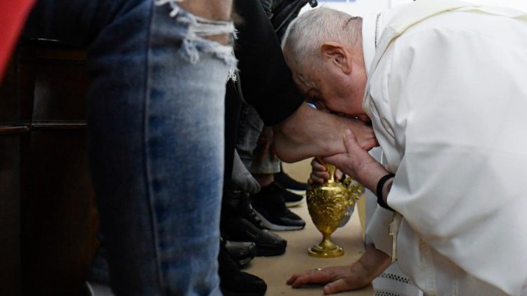 Pope Francis during the washing of feet at the Mass of the Lord's Supper at Casal del Marmo