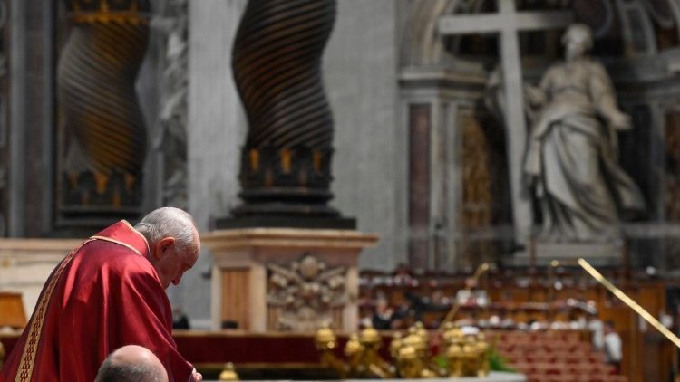 Pope Francis presiding the Lord's Passion Mass at St. Peter's Basilica on Friday