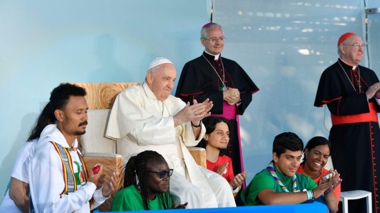 File photo of Pope Francis with young people in Lisbon