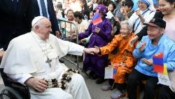 Pope Francis greets the faithful during his 2023 visit to Mongolia