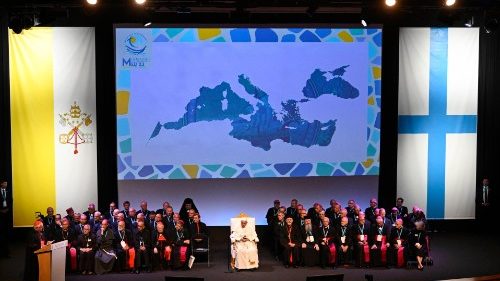 Die Abschluss-Sitzung des Mittelmeer-Treffens mit Papst Franziskus im Auditorium des Palais du Pharo 