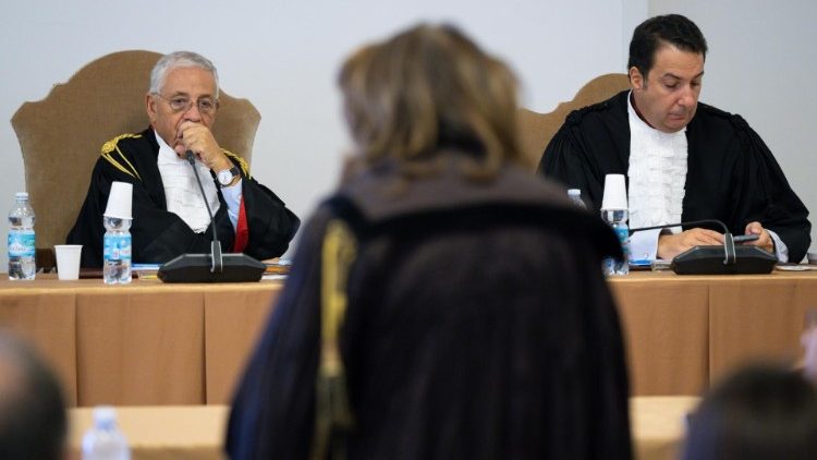 Paola Severino, foreground, speaks during the trial