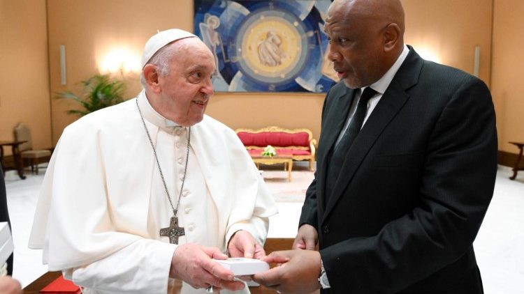 Pope Francis greets King Letsie III of Lesotho