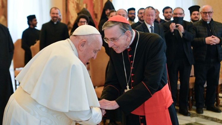 Pope Francis greeting Prefect of the Dicastery for Promoting Christian Unity, Cardinal Kurt Koch