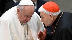 수요 일반알현 말미에 시모니 추기경과 인사하는 프란치스코 교황