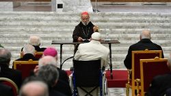 Pope Francis listens to Cardinal Cantalamessa's sermon