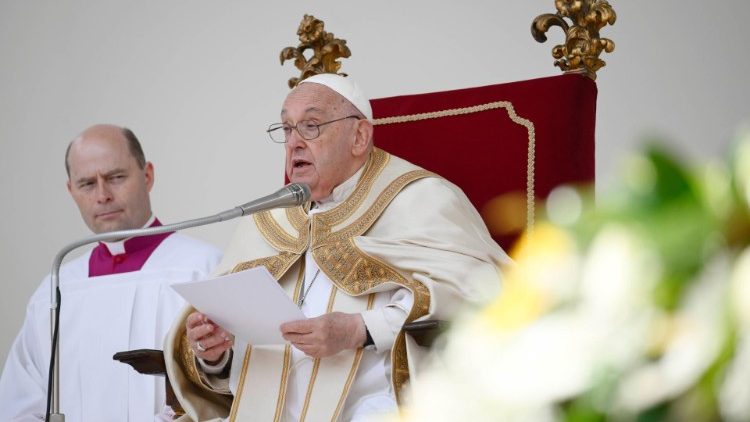 Pope Francis delivers his homily at Mass in St. Mark's Square