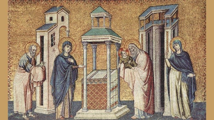 Jézus templomi bemutatásának mozaikja a Santa Maria in Trastevere templomban, Pietro Cavallini 1291