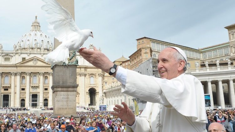 Pope Francis with a white dove, symbol of peace