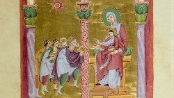 Ein Evangeliar zeigt, wie die Heiligen Drei Könige Gold, Weihrauch und Myrrhe überbringen (Bayerische Staatsbibliothek)
