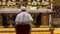 Pope Francis praying at the Basilica of St. Mary Major of Rome on Feb. 5, 2019. 
