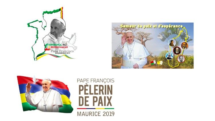 Logotipi papeževega apostolskega potovanja v Mozambik, Madagaskar in Mavricij od 4. do 10. septembra 2019.