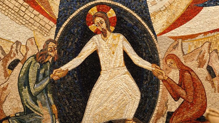 «Nedferden til dødsriket». Kristus, Adam og Eva. Fra inkarnasjonsveggen i Redemptoris mater-kapellet i Vatikanet