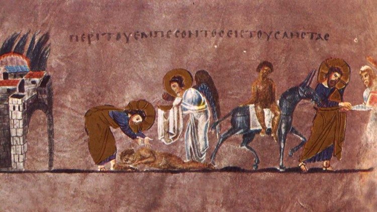 VI amžiaus manuskripte vaizduojama gerojo samariečio parabolė